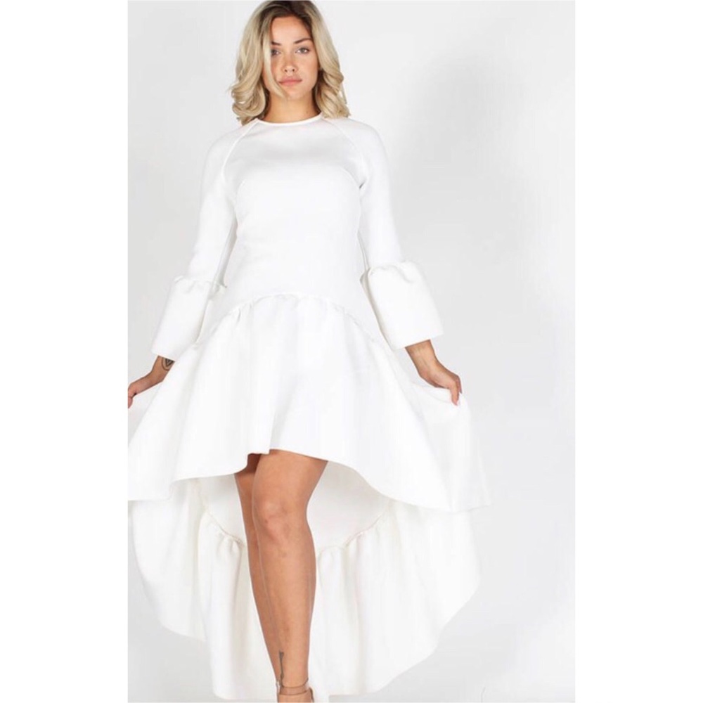 White High-low Crew neck dress with Bell Sleeves. Never Worn.